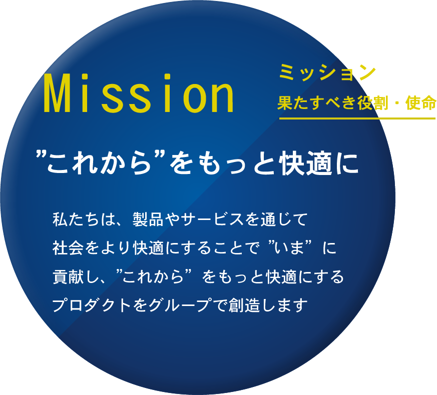 Mission　これからをもっと快適に。Vision　ニッチトップグループを目指す。Value　世の中にない価値を提供。